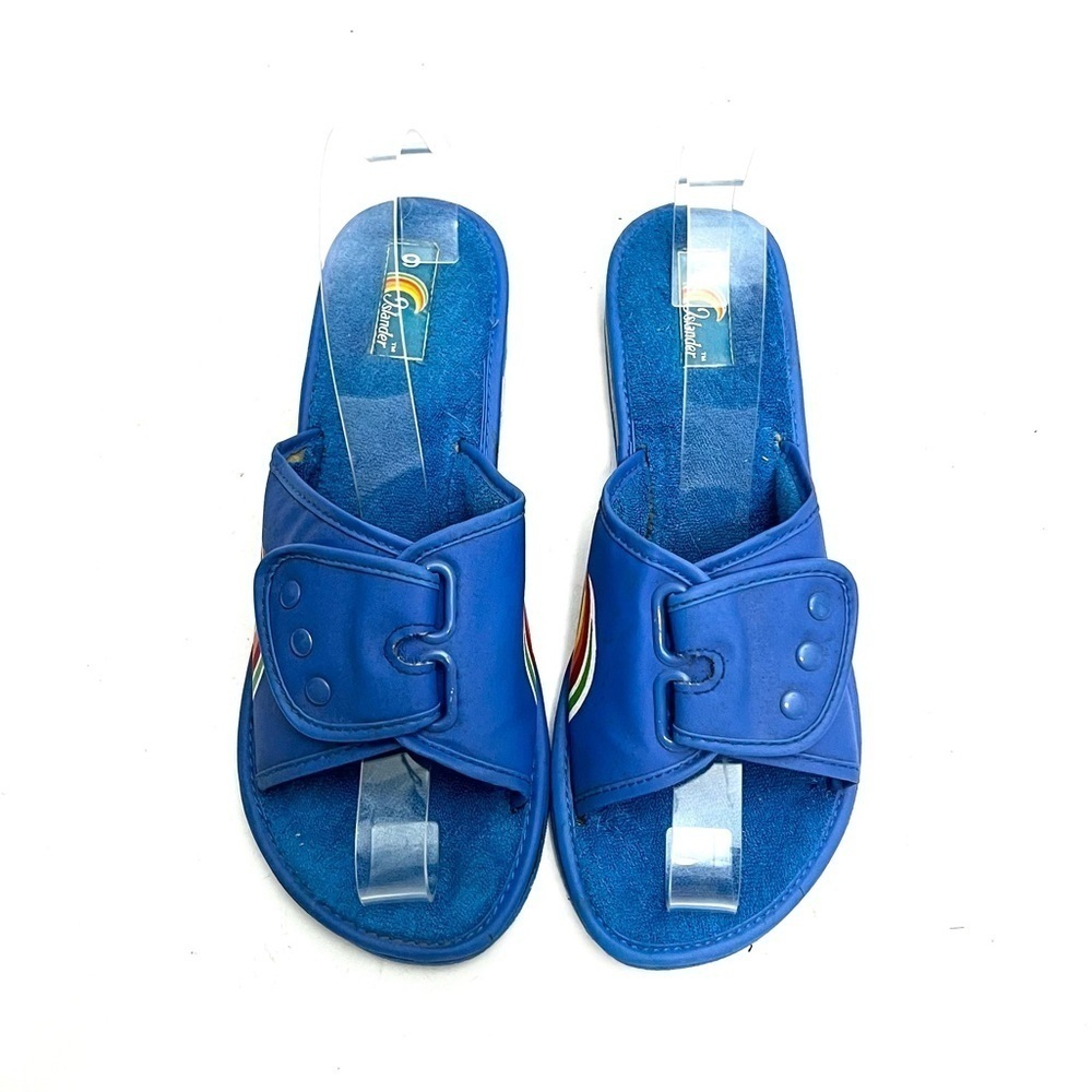 Vintage 1970s blue nylon and terry cloth foam wedge Velcro slide style sandals - Picture 3 of 8